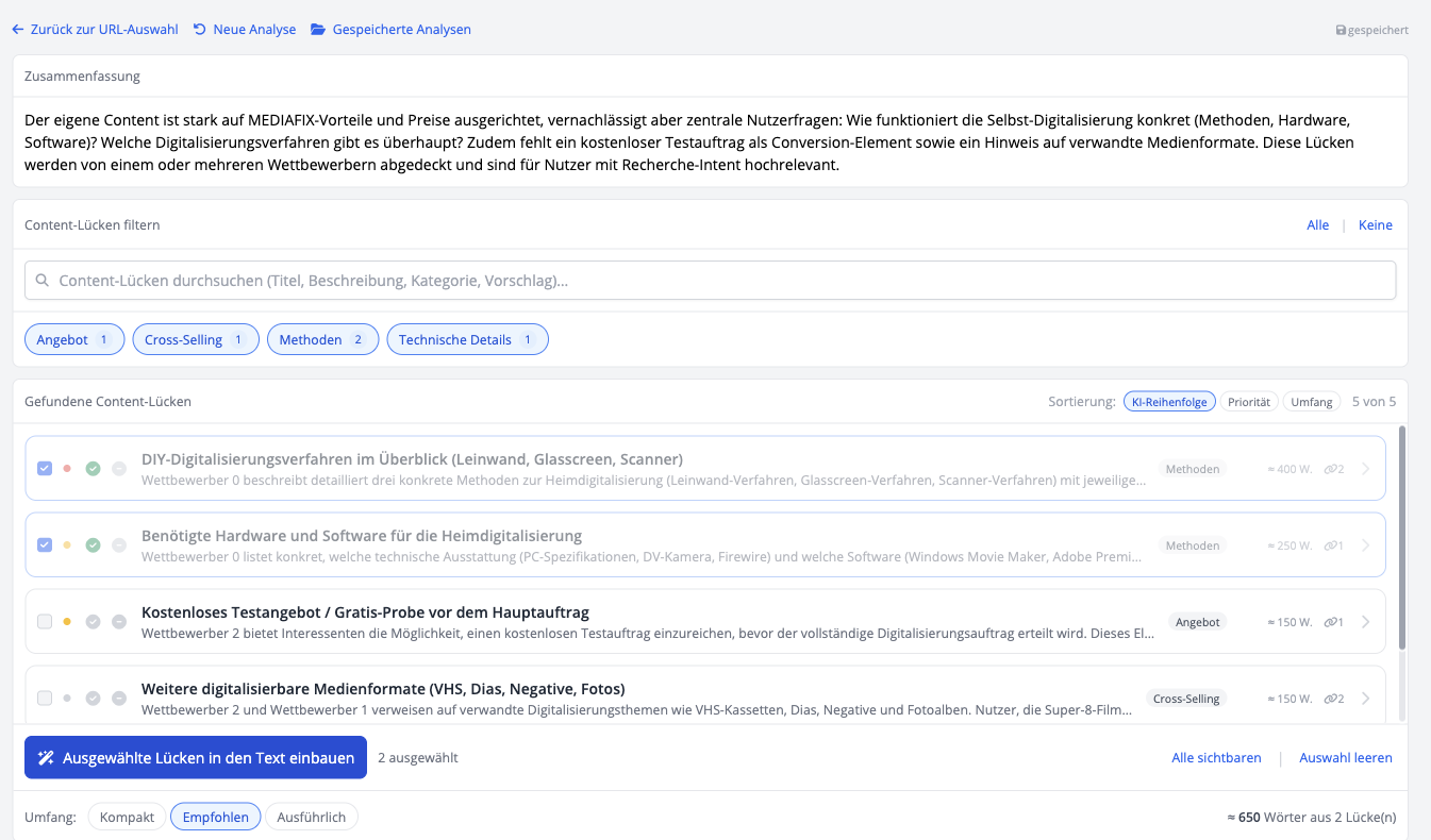 Content-Lücken: gefundene Lücken mit Priorität, Umfang und Kategorie